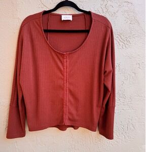 Böhme Women Rust Top Blouse Ribbed Hook Eye Casual Minimalist Earthy Boho Indie